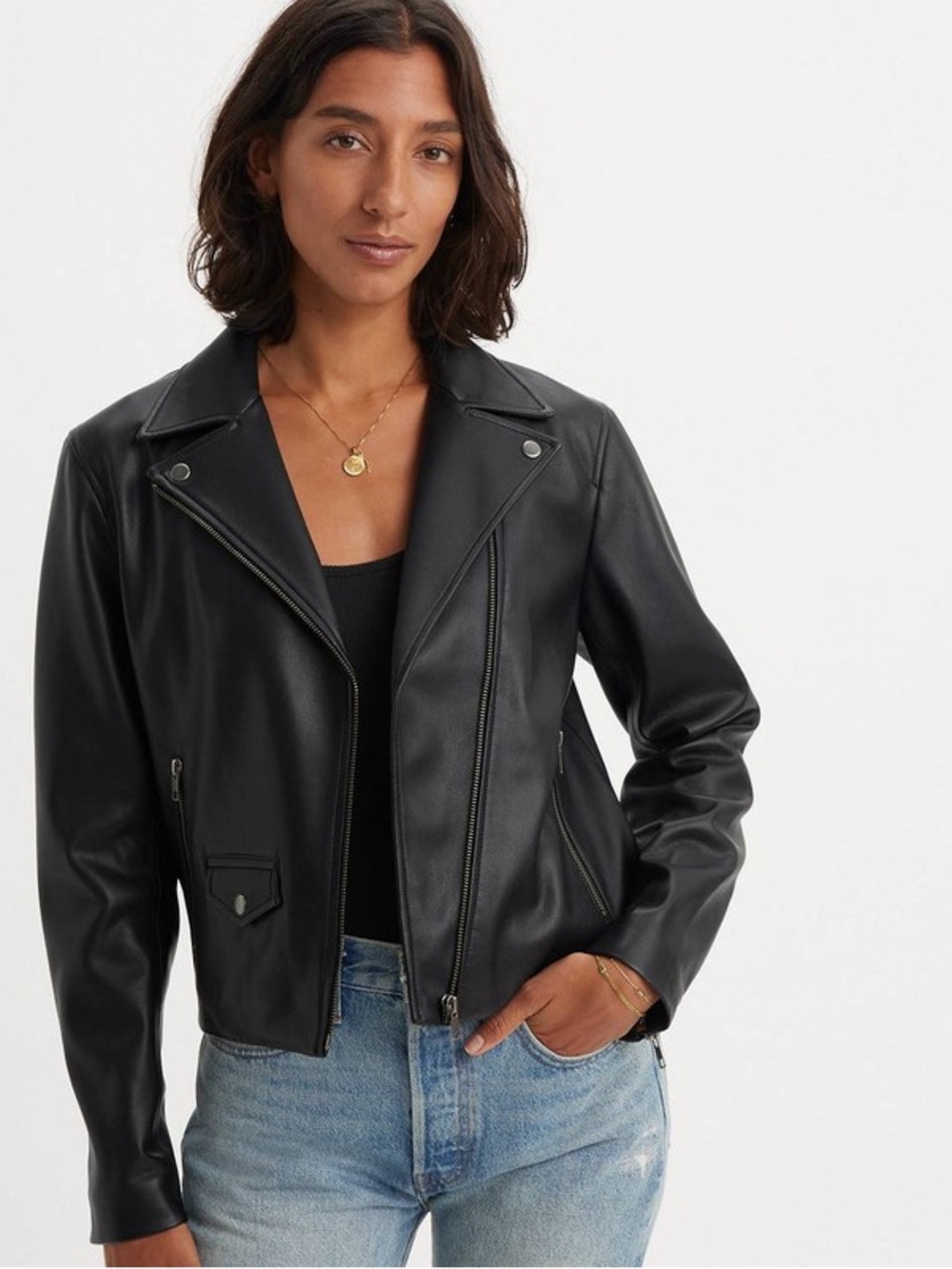 Levi's LELOU SHRUNKEN MOTO JACKET Black Sheep Leather Size Small